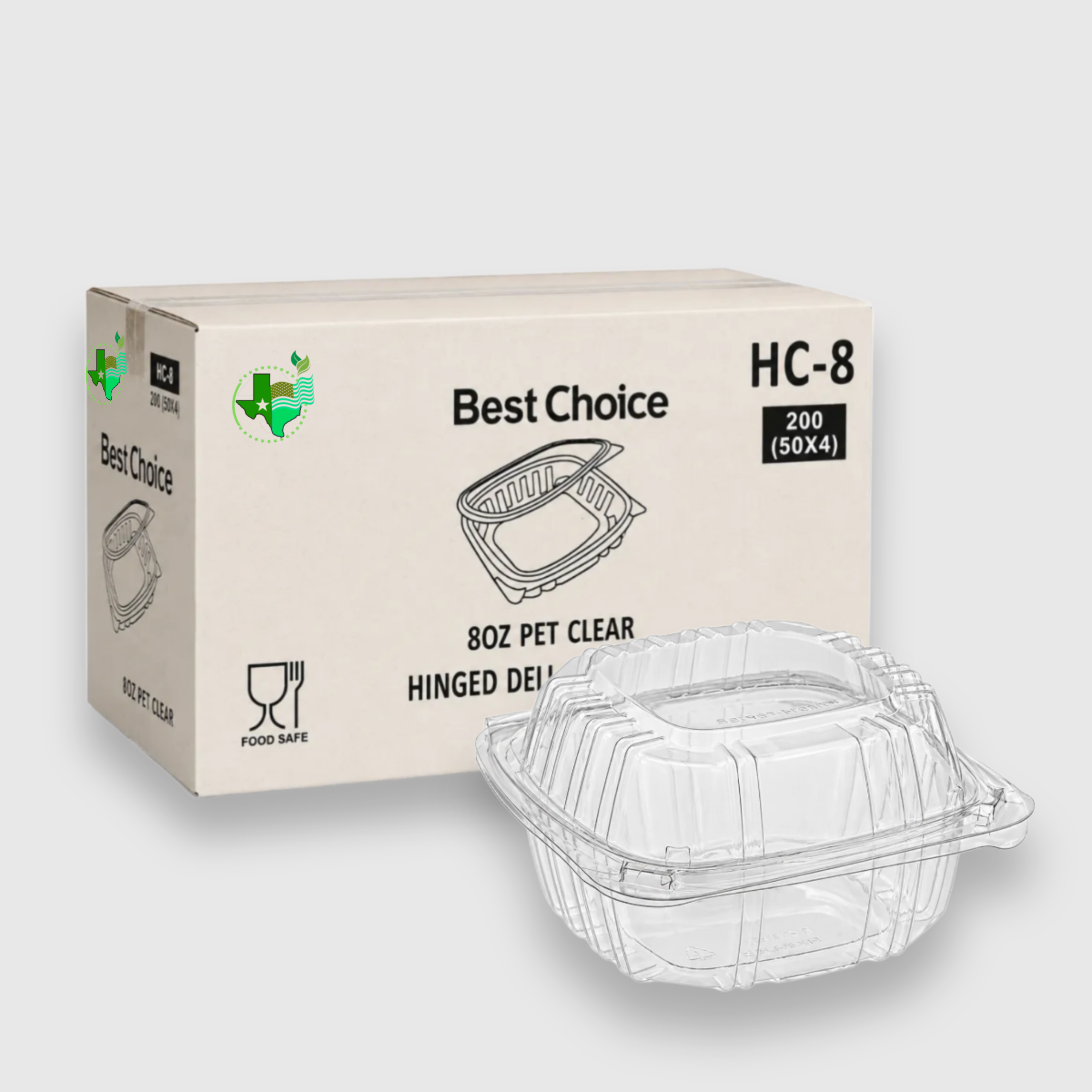 [200ct] 8 oz Clear PET Hinged Deli Containers