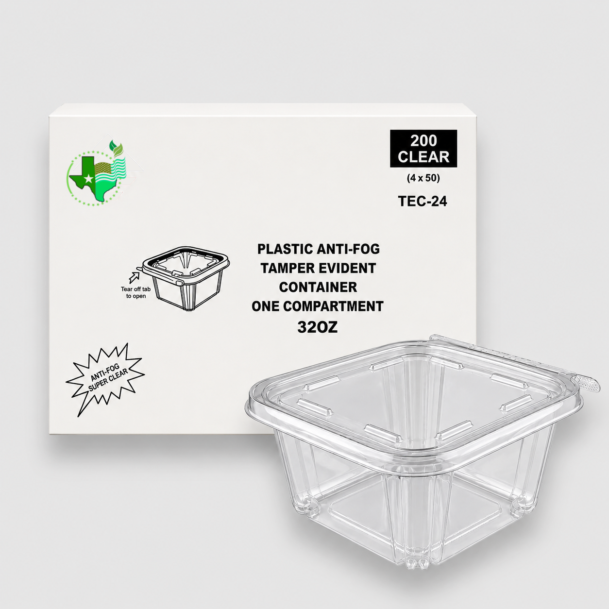 [200ct] 8″ x 8″ x 3″ PET Hinged Food Containers