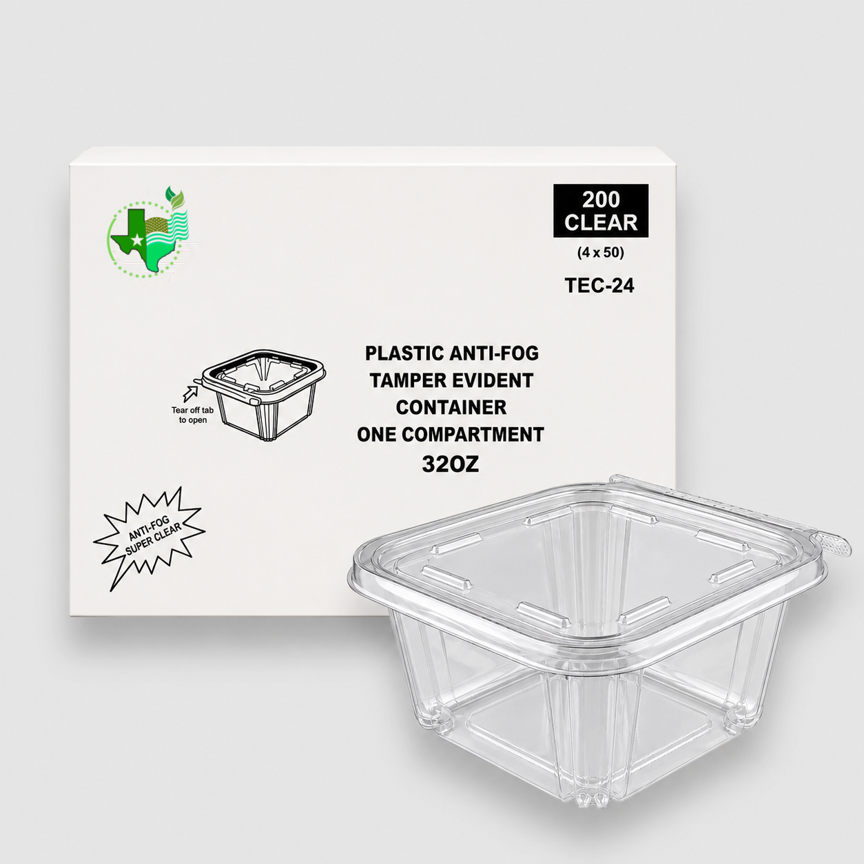 [200ct] 9″ x 9″ x 1″ PET Hinged Food Containers